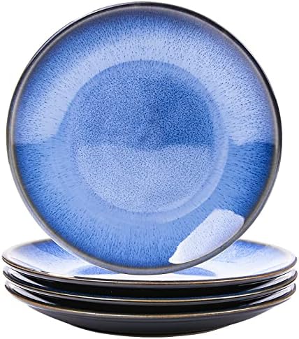 Ceramic Dinner Plate Set of 4, 7.5 Inch Blue Reactive Glaze Salad