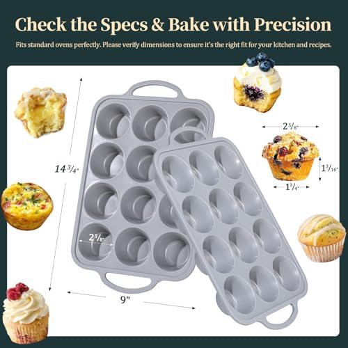12-Cup Mini Silicone Muffin Pan with Reinforced Steel Frame,Metallic