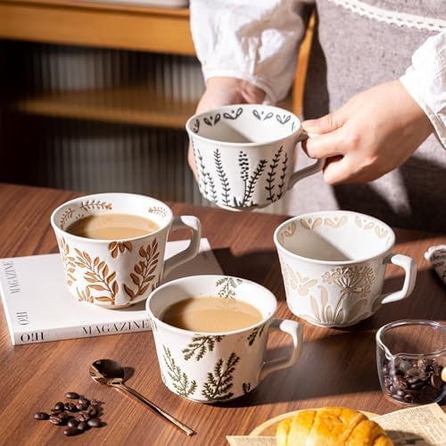 Ceramic Mugs 11 oz Unique Luxurious Cups Set of 4 with Premium Spoon