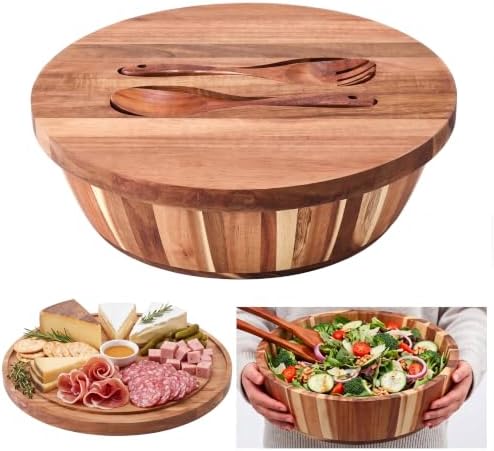 Geiserailie 16" Extra Large Acacia Wood Salad Bowl Set, 2-in-1 Serving