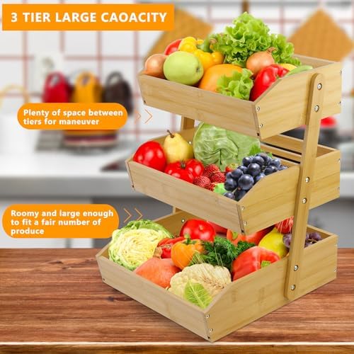 mobzio Fruit Basket for Kitchen Counter, 3 Tier Fruit Stand, Fruit Vegetable Storage Basket, Fruit Bowl for Kitchen Counter, Large Bamboo Basket Display Rack, Fruit Holder Produce Basket