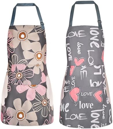DILLMAN 2 Pack Floral Aprons with Pocket Blooming Womens Waterproof