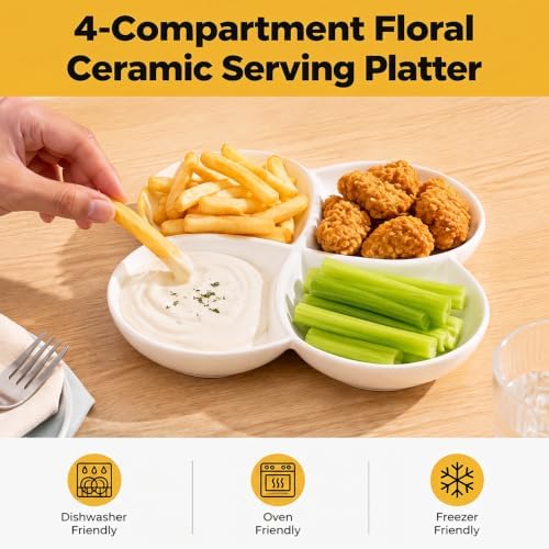 3 Pack Porcelain Appetizer Platter, 4 Compartment, White