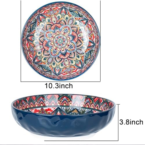 75 Oz Serving Bowls,Bohemian Style Large Porcelain Dishes for Entertaining Parties,Big Bowls for Eating Soup, Salad, Pasta, Fruit, Chips, 10.3 Inch Diameter (blue)