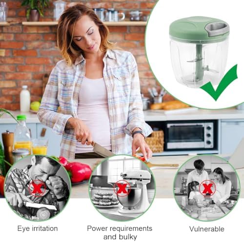 Manual Chopper 900ml, Onion Chopper with 4 Stainless Steel Blades, 1