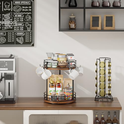 Rotating Coffee Mug Holder Rack Stand, 2 Tier Wooden Coffee Station
