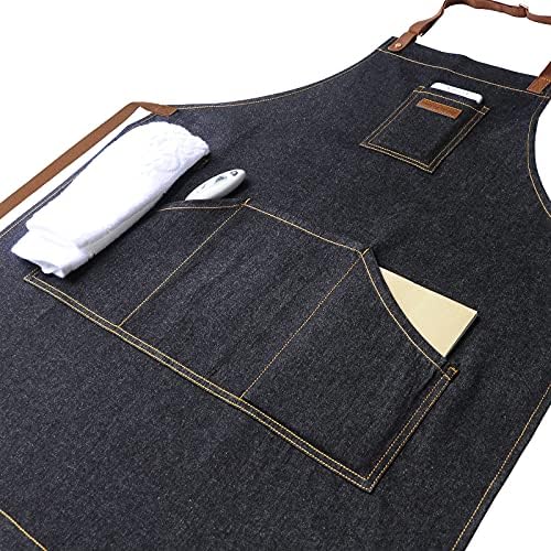 Black Kitchen Apron with Pockets & Towel Loop for Men Women, Denim
