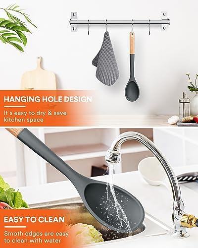 Badiano Large Silicone Cooking Spoons, Nonstick Solid Wooden