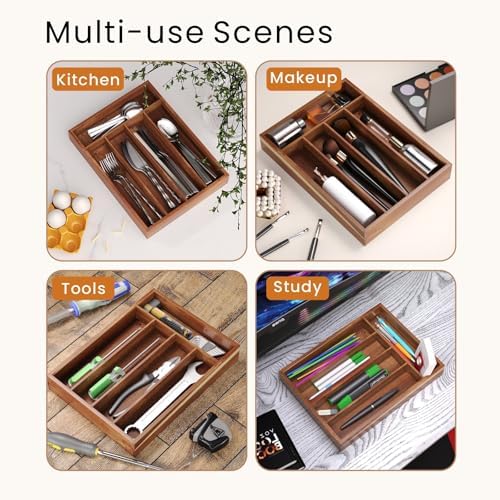 Fibogollo Acacia Wood Silverware Organizer, 5 Slots