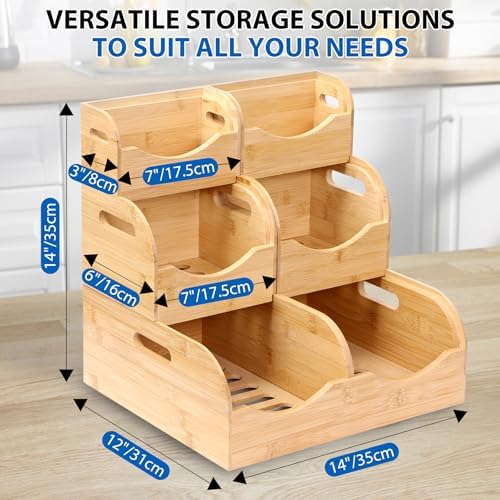 5 Pack Bamboo Stackable Storage Bins, 3-Tier Vertical Stacking
