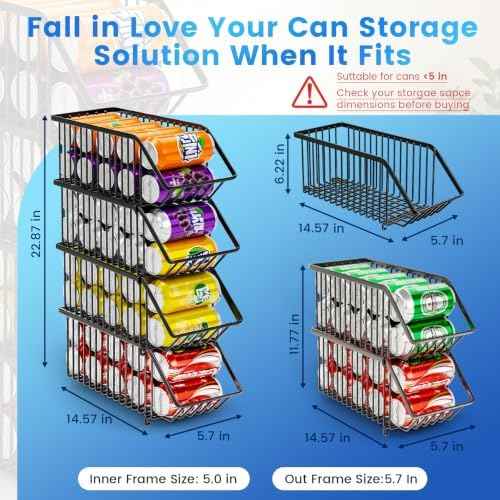 Stackable Soda Can Organizer Rack, Stacking Can Dispensers Refrigerator Organizer Bins Pop Soda Dispenser Canned For Fridge, Freezer, Kitchen, Cabinets (Black, 6)