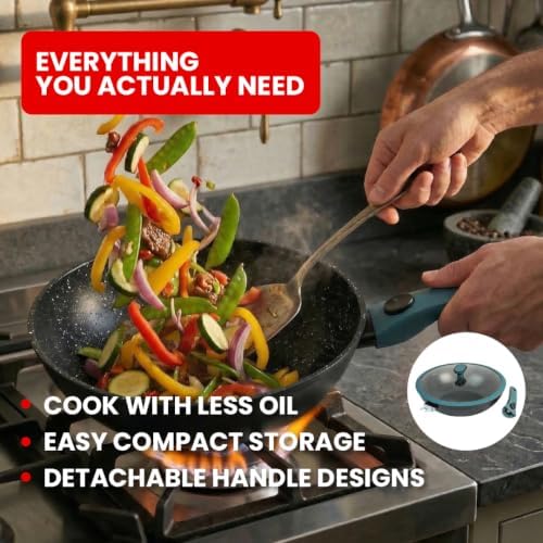 Ravon Nonstick Wok Pan with Glass Lid and Detachable Handle, 12.4in