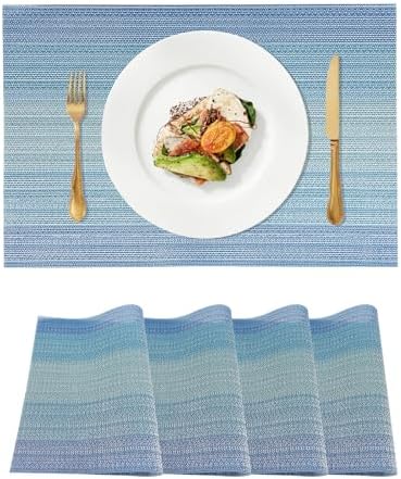 Blue Placemats Set of 4, Vinyl Woven Place Mats for Dining Table