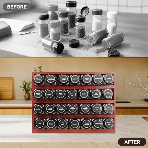 Bamboo Spice Rack Organizer with 28 Glass Spice Jars 4 oz Set Cherry