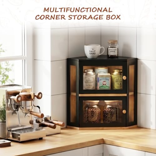 Black Corner Bread Box for Kitchen Countertop, Extra Large Bamboo Storage Breadbox, 2 Tier Modern Bread Bin Container for Homemade Bread with Acrylic Door Panel, Kitchen Organization