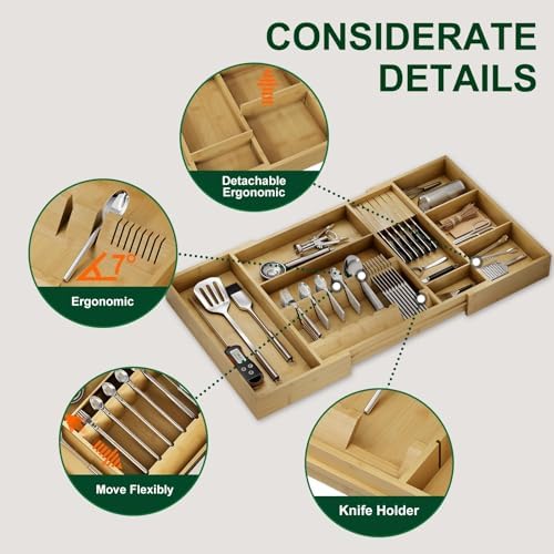 Bamboo Silverware Drawer Organizer, 17.72-29.53 Inch Expandable Large Kitchen Drawer Organizer, 5-8 Slot Flatware with Removable Card Slots & Knife Block for Spoon Butter Knive, Natural