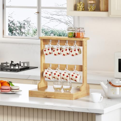 HOOBRO Coffee Mug Cup Holder, Bamboo 2 Tier Mug Tree for Countertop