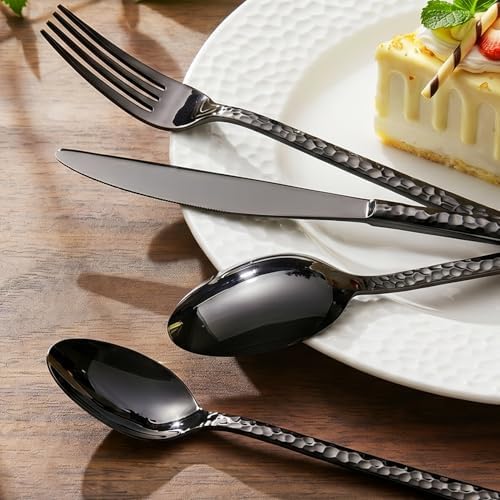 20 Piece Black Silverware Set,18/10 Stainless Steel Hammered Flatware