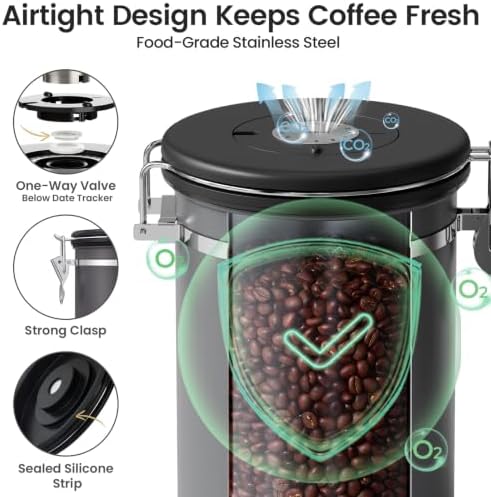 Veken Coffee Canister,39OZ, 2.2lbs,Large Airtight Stainless Steel