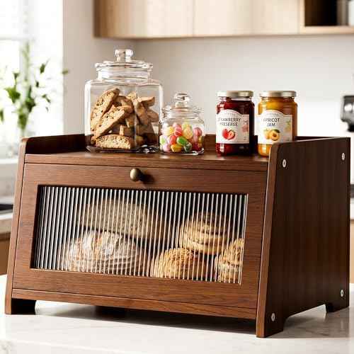Wooden Bread Box for Kitchen Countertop with Clear Acrylic View Window