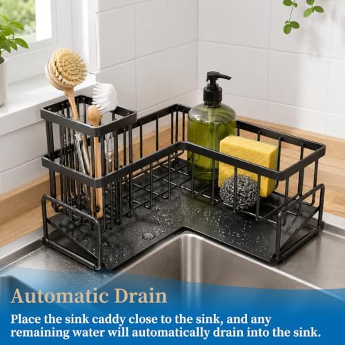 Black L-Shaped Sink Caddy with Drain