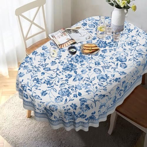 Oval Tablecloth - 60 x 84 Inch Blue Floral Rustic Tablecloth Classic