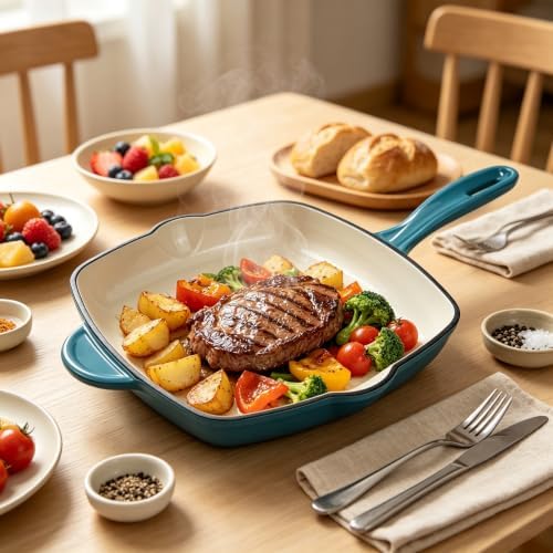 Enameled Cast Iron Steak Grill Pan, Square Skillet with Drip Spout, Oven-Safe & Stovetop Safe (Peacock Blue, 9.5 inch)