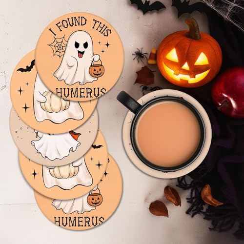 Halloween Ceramic Stone Coasters for Drinks, Set of 6, Kawaii Ghost
