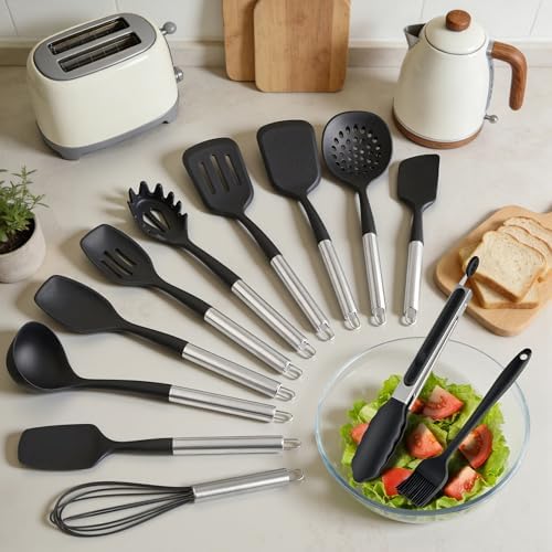 12PCS Silicone Kitchen Utensil Set, Stainless Steel Handled Cooking