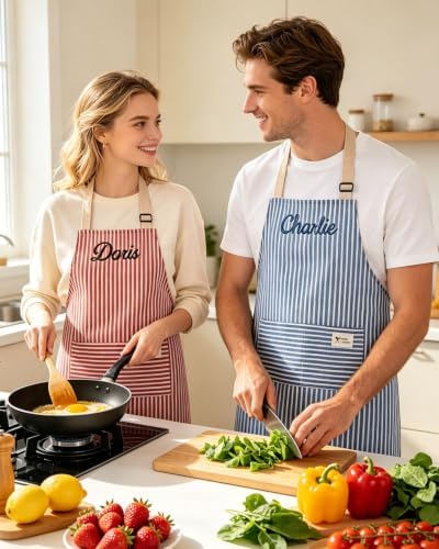 Custom Embroidered Striped Kitchen Apron with Adjustable Strap & 2