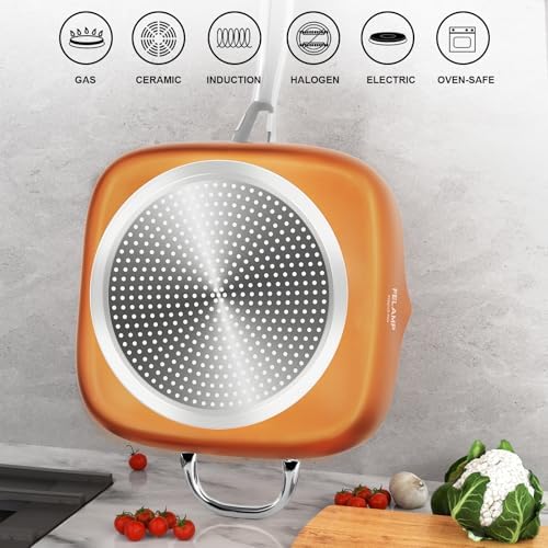 FELAMP 11-Inch Ceramic Nonstick Deep Square Frying Pan Set with Glass