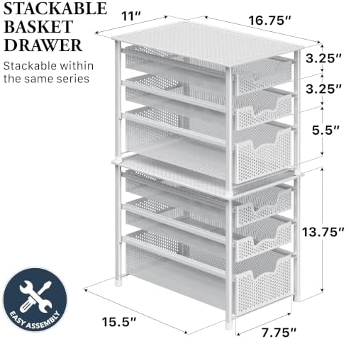 Simple Houseware 3 Tier White Alloy Steel Sliding Basket Organizer