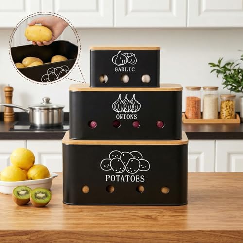 3 Pack Potato Onion Garlic Storage Set, Bamboo Lids