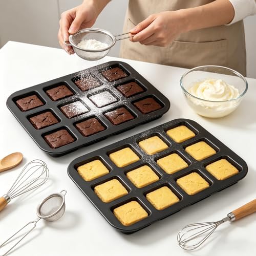 2 Pack Brownie Pan, 12-Cavity Non-Stick Square Muffin Tin with