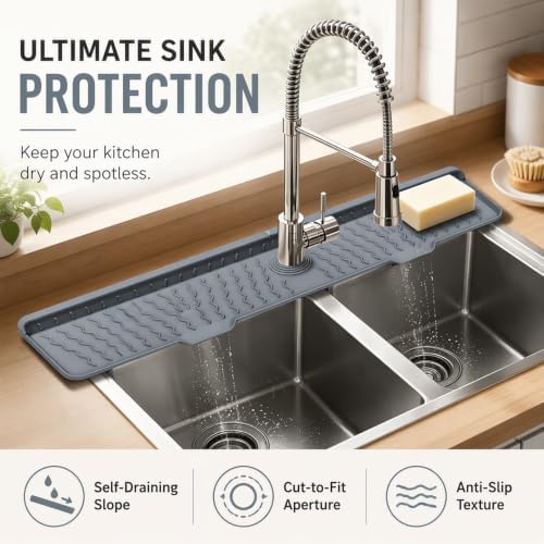 Faucet Mat for Kitchen Sink, Silicone Sink Splash Guard with 7° Slope