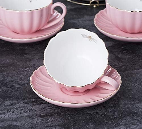 Jusalpha Fine China Pink Coffee Cup/Teacup Set, 7 OZ Cups& Saucer