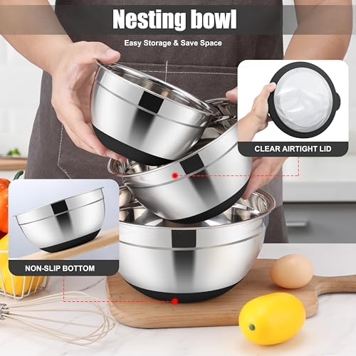 E-far Stainless Steel Mixing Bowls with Lids & Colander, 15PCS