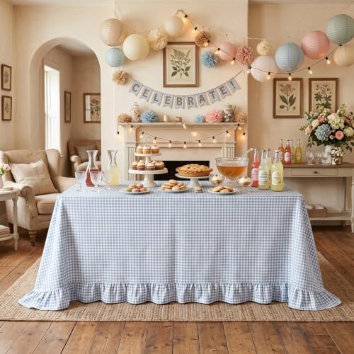 PartyDelight Gingham Ruffled Tablecloth Blue/White Plaid Checkered
