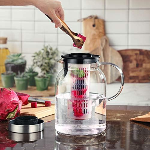 Glass Water Pitcher, Fruit Infuser Pitcher with Removable Lid, High