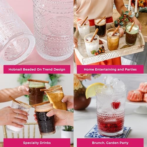 Hobnail Beaded Floral Clear Drinking Glasses Set of 6, (13 oz) Vintage