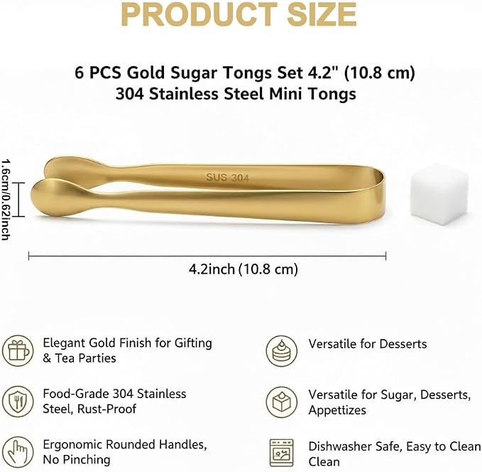 6 PCS Gold Sugar Tongs Set – 304 Stainless Steel Mini Tongs - Image 3
