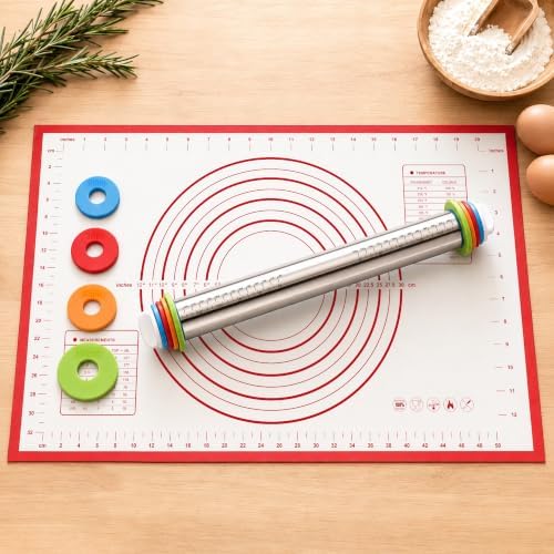 Adjustable Stainless Steel Rolling Pin & Non-Slip Silicone Baking Mat