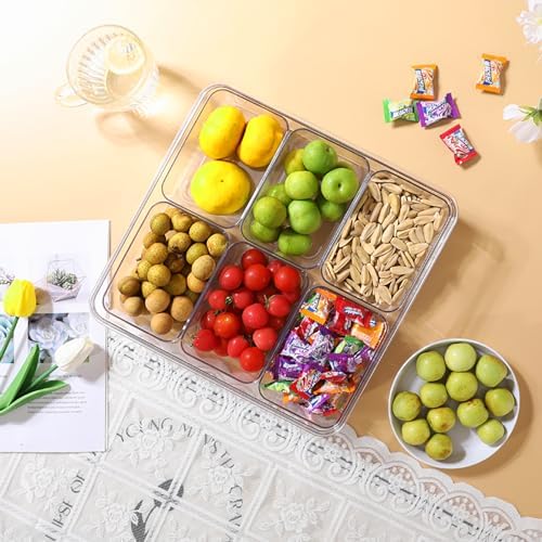 Divided Serving Tray with Lid & Handle, 6 Compartment Removable Snack