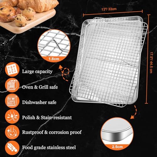Half Sheet Baking Pan & Wire Rack, Leonyo 17.5" x 13" Large Stainless