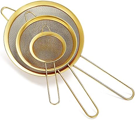 Gold Fine Mesh Strainer 3 Pieces Set, Golden Flour Sifter For Baking