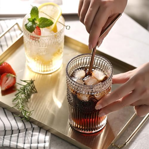 Kingrol Embossed Vintage Drinking Glasses Set of 6, 12 oz Textured