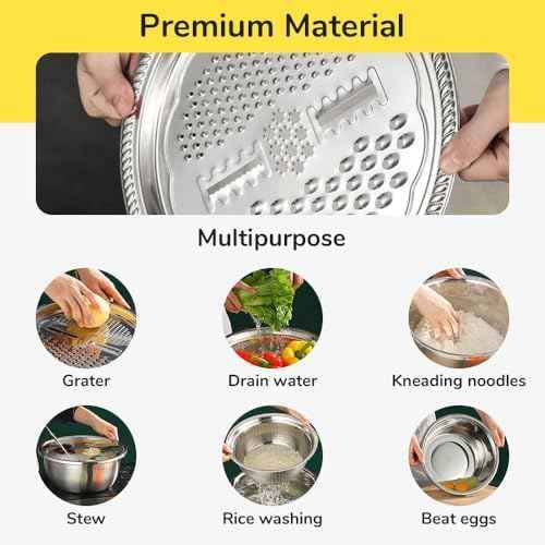 Germany Multifunctional Stainless Steel Basin, 2026 Upgraded 3 in 1 Stainless Steel Basin Strainer Set with Grater, Strainer Drain Basket for Rinsing Draining Mixing (M (11.02in))
