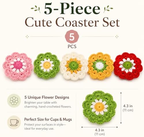 Stocking Stuffers for Women,Coasters for Drinks Set of 5, Cute Flower