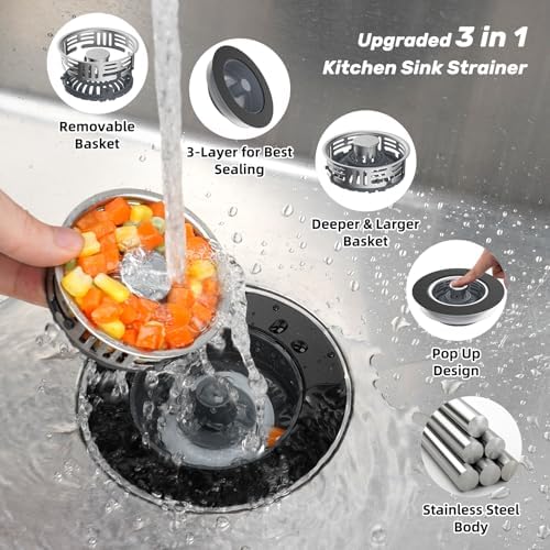 Hibbent 3 in 1 Kitchen Sink Drain Strainer, Stainless Steel Pop Up