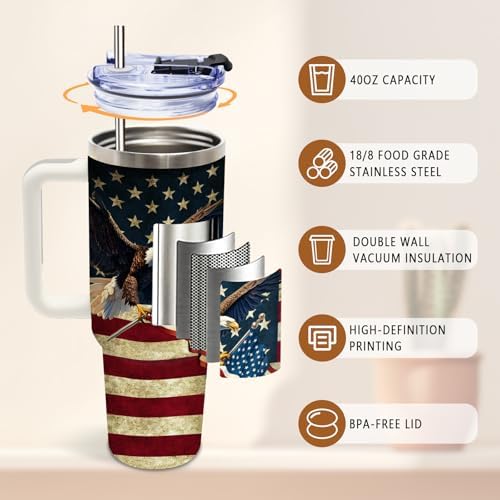 DUUV Eagle American Flag Tumbler 40oz, Insulated 4th of July Cup Gifts